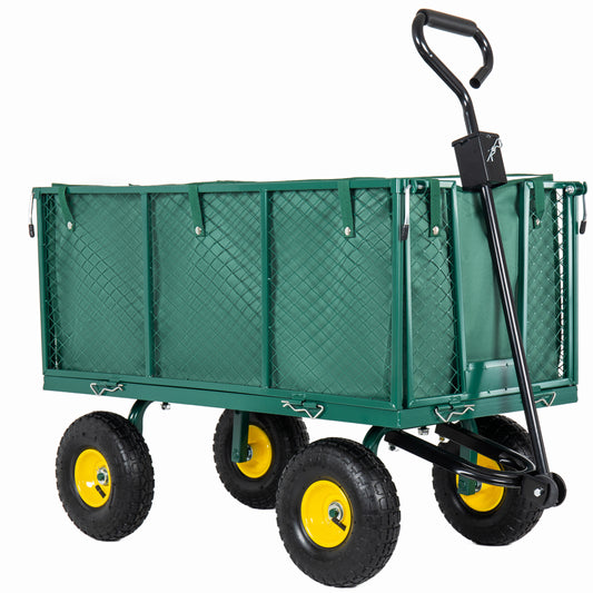 4-in-1 Oversized Steel Dump Garden Cart 880lbs Pullable Mesh Metal Garden Cart All-Terrain Utility Cart With Removable Liner & Side Panels & Mesh Tray For Outdoor Lawn Patio And Landscaping Green