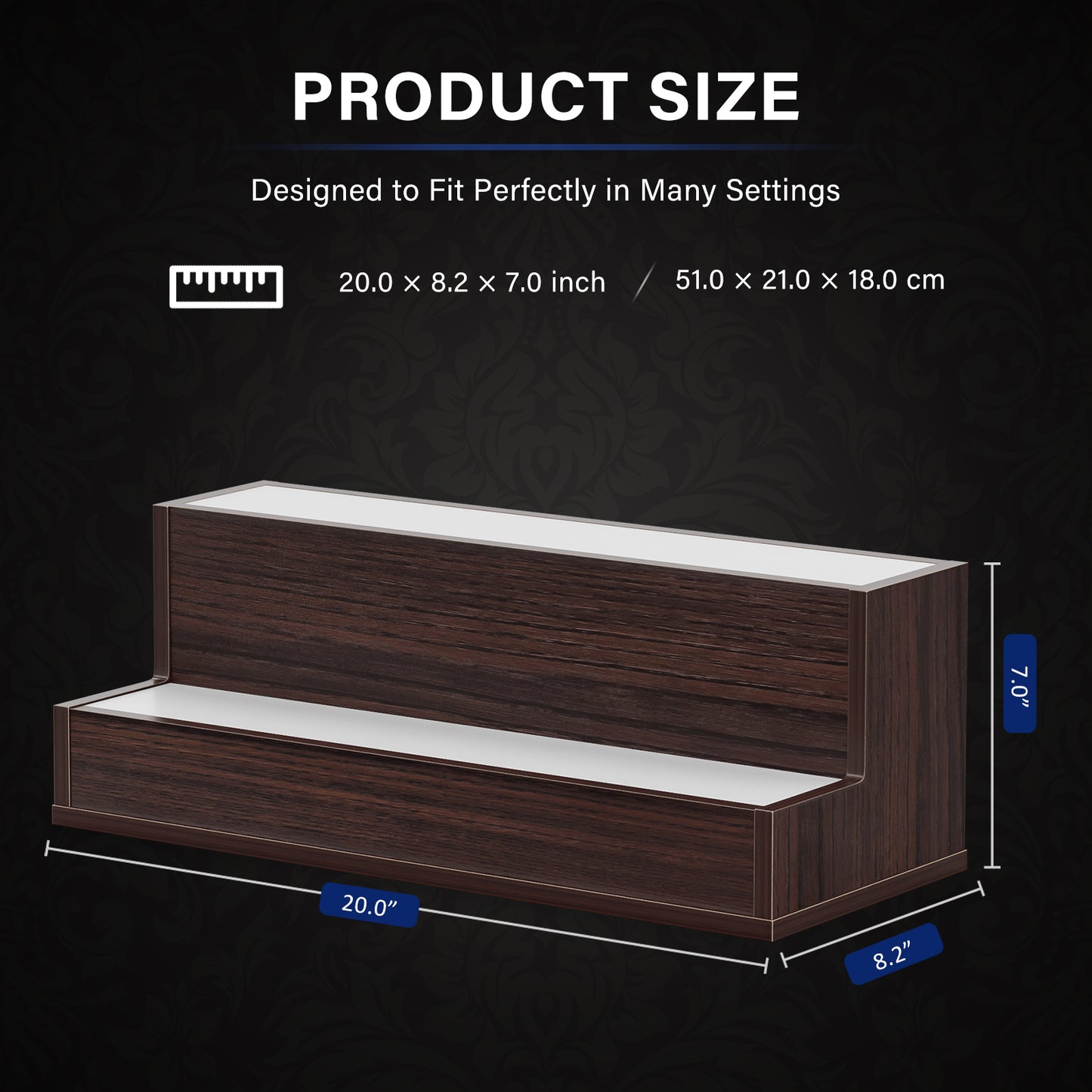 LED Lighted Liquor Bottle Display Shelf, 20 Inch Bar Display Shelf, DIY Illuminated Bottle Shelf With App & Remote Control, 2 Step Freestanding Holding Bottles For Home Bar, Party, Walnut