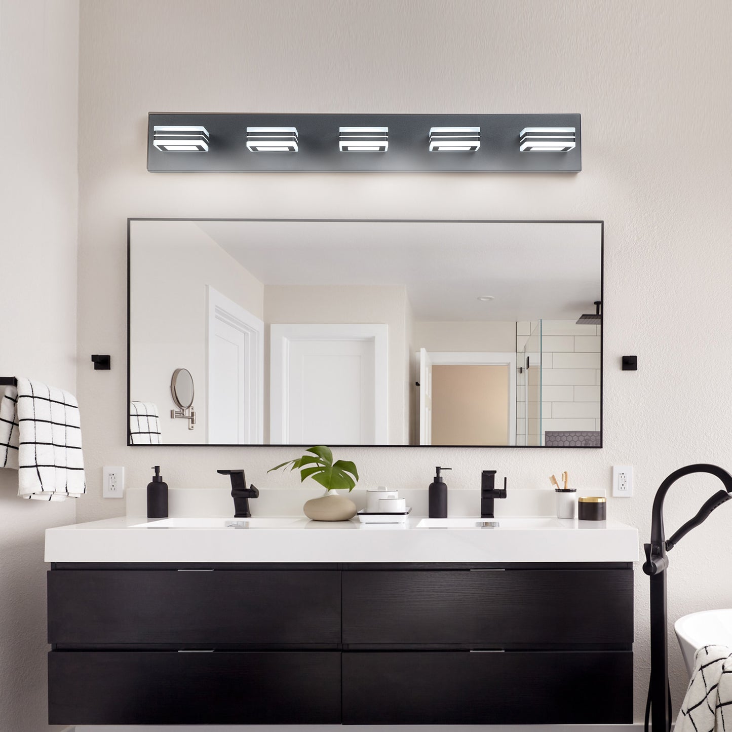 32in  Modern Black 5-Light LED Vanity Light, Square Acrylic Lampshades Wall Mount Fixture For Bathroom, Mirror Lighting