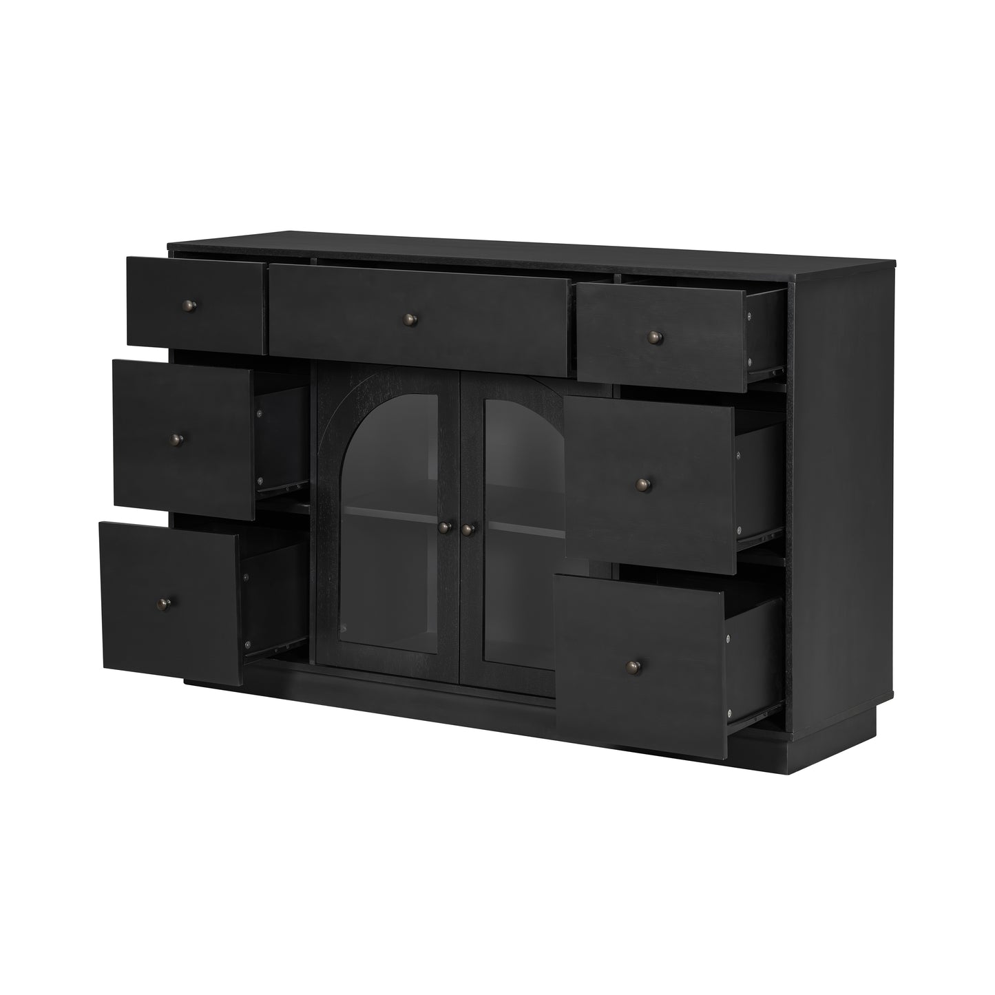 Cabinet With Storage For Living And Dining Room Entrance, Large Size, 2 Doors And 7 Drawers, Black