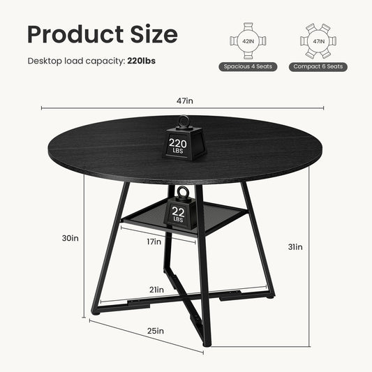 Round Table, Suitable For 4 To 6 People, A Space-saving Kitchen Table With Double-layer Storage Function, Metal Base Frame