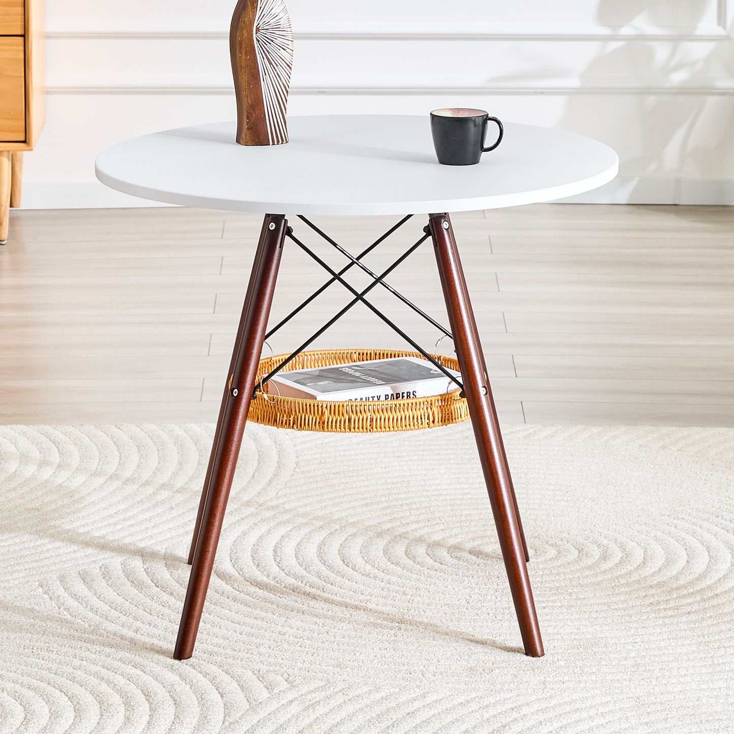 31.5-inch Diameter Circular Dining Table, White MDF Vacuum Formed Tabletop, Walnut Solid Wood Legs, With Suspended Woven Storage Basket Structure. A Casual Coffee Table Suitable For 2-4 People.