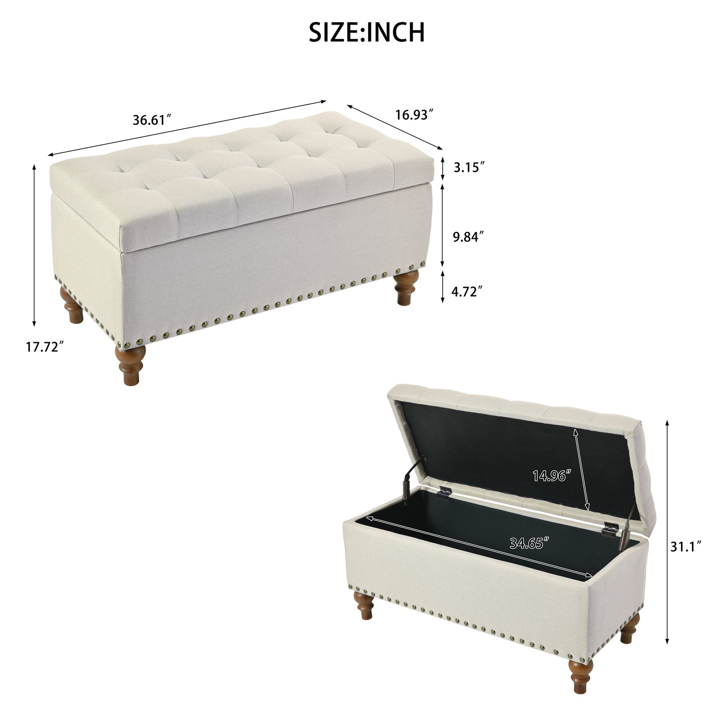 Ottoman Storage Bench, Recessed Support Hinge Top Easy To Open, Rivet Trim Around, Bedroom, Entrance, Living Room, Linen   Beige