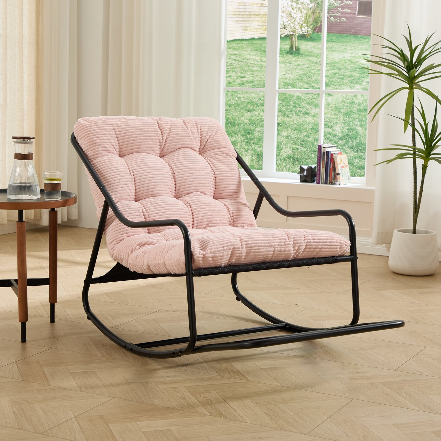 Outdoor Rocking Chair, Comfy Cushion With Soft Thick Cushion,for Living Room, Bedroom, Reading Room, Black Frame With Cushion