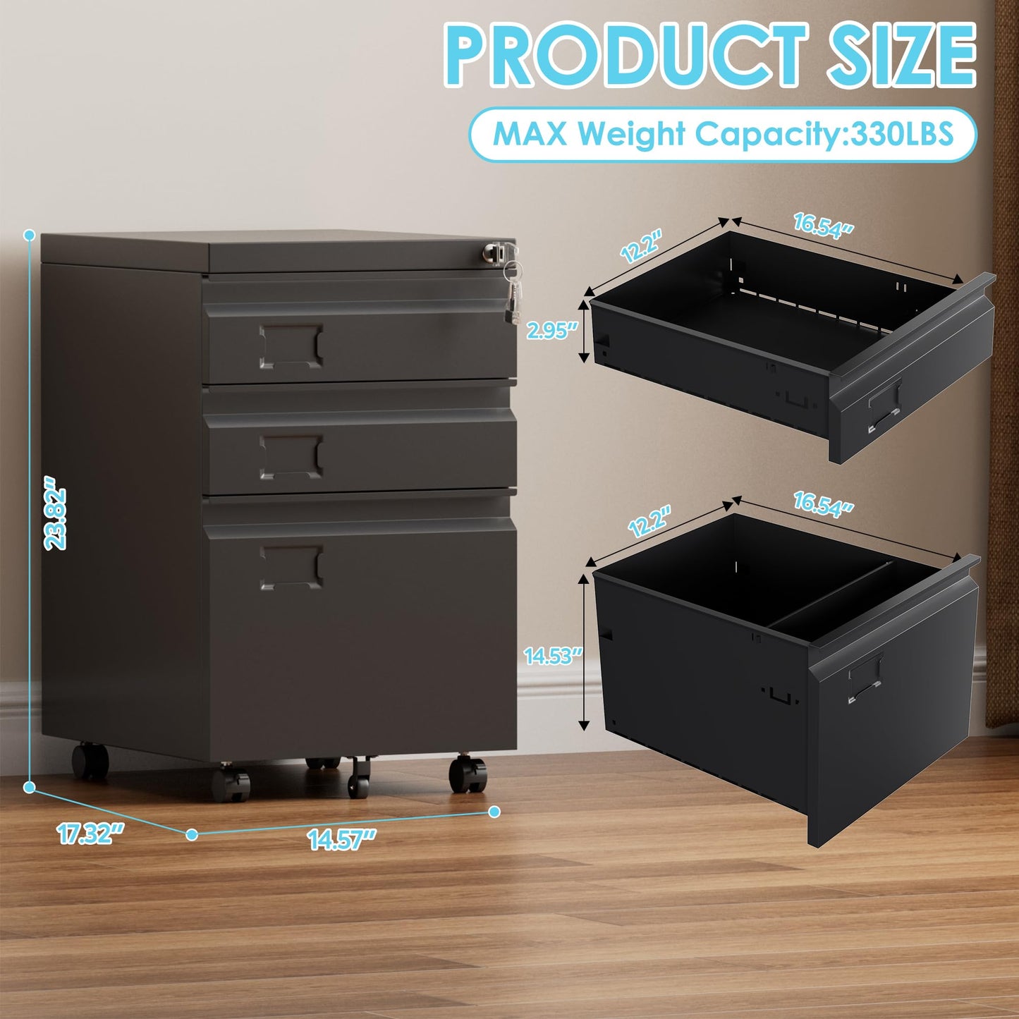 SUXXAN 3 Drawer File Cabinet With Lock, Metal Under Desk Cabinet With Wheels For Office & Home, Legal Letter Size, Need To Assemble