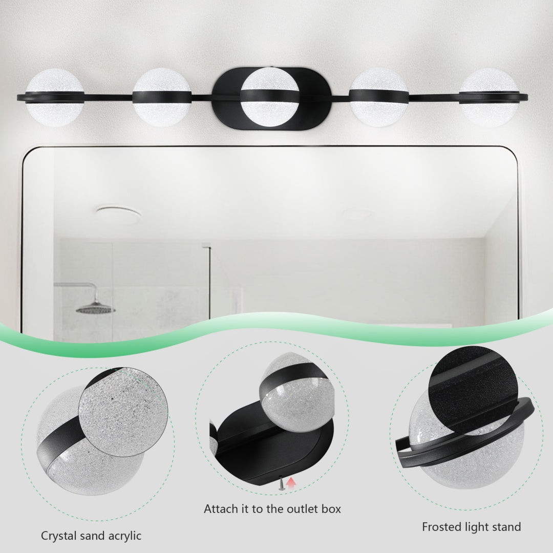 Modern Minimalist Bathroom Vanity Light, LED 5 Bulb Frosted Glass Shades, Wall Mounted Decorative Lighting Fixture, Suitable For Bathroom Vanity Mirror  Black