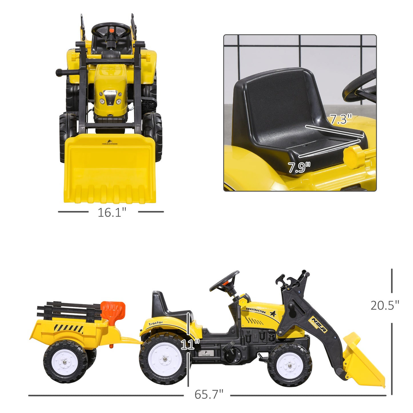 Ride-On Kids Bulldozer/Excavator Toy With Real Working Dirt Bucket, Easy Pedal Controls, 6 Wheels, & Cargo Trailer