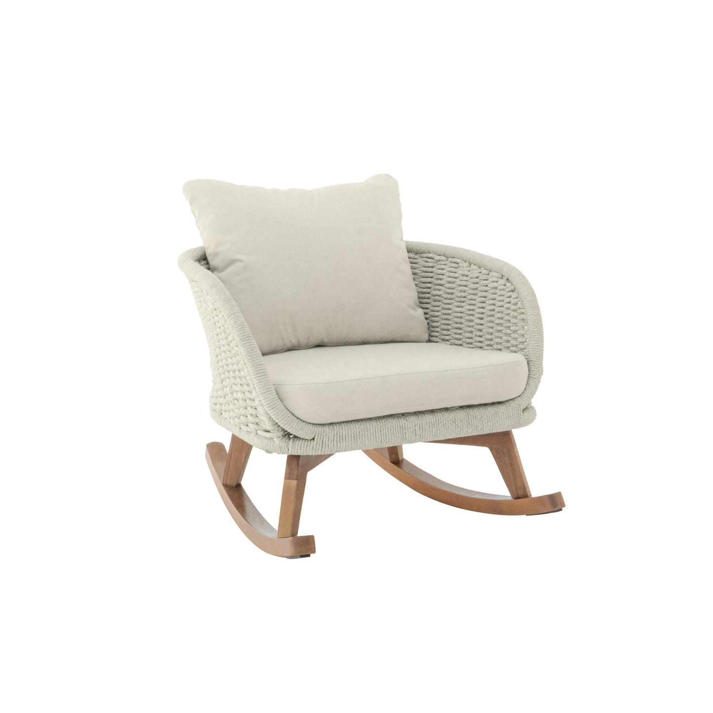 Contemporary Minimalist Beige Wicker Rocking Chair With Soft Polyester Cushions And Durable Wooden Frame, Perfect For Indoor And Outdoor Spaces Like Patio, Balcony, Or Living Room
