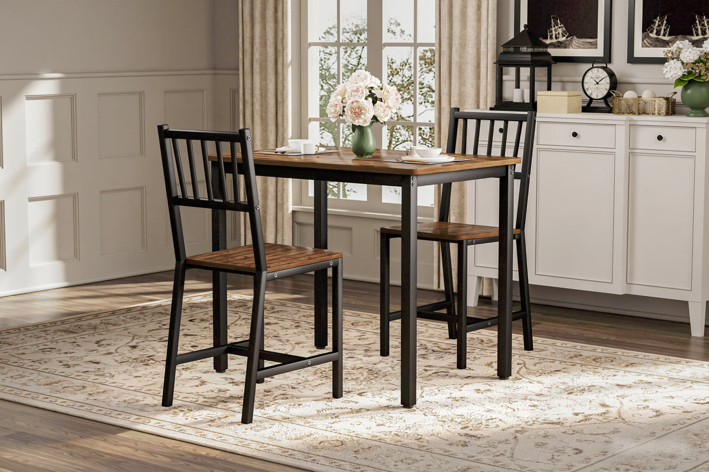 Dining Table Set, Bar Table With 2 Dining Chairs, Kitchen Table Counter With Chairs, Industrial For Kitchen Breakfast Table, Living Room, Party Room, Walnut ,35.4inL X23.6inW X 29.7inH