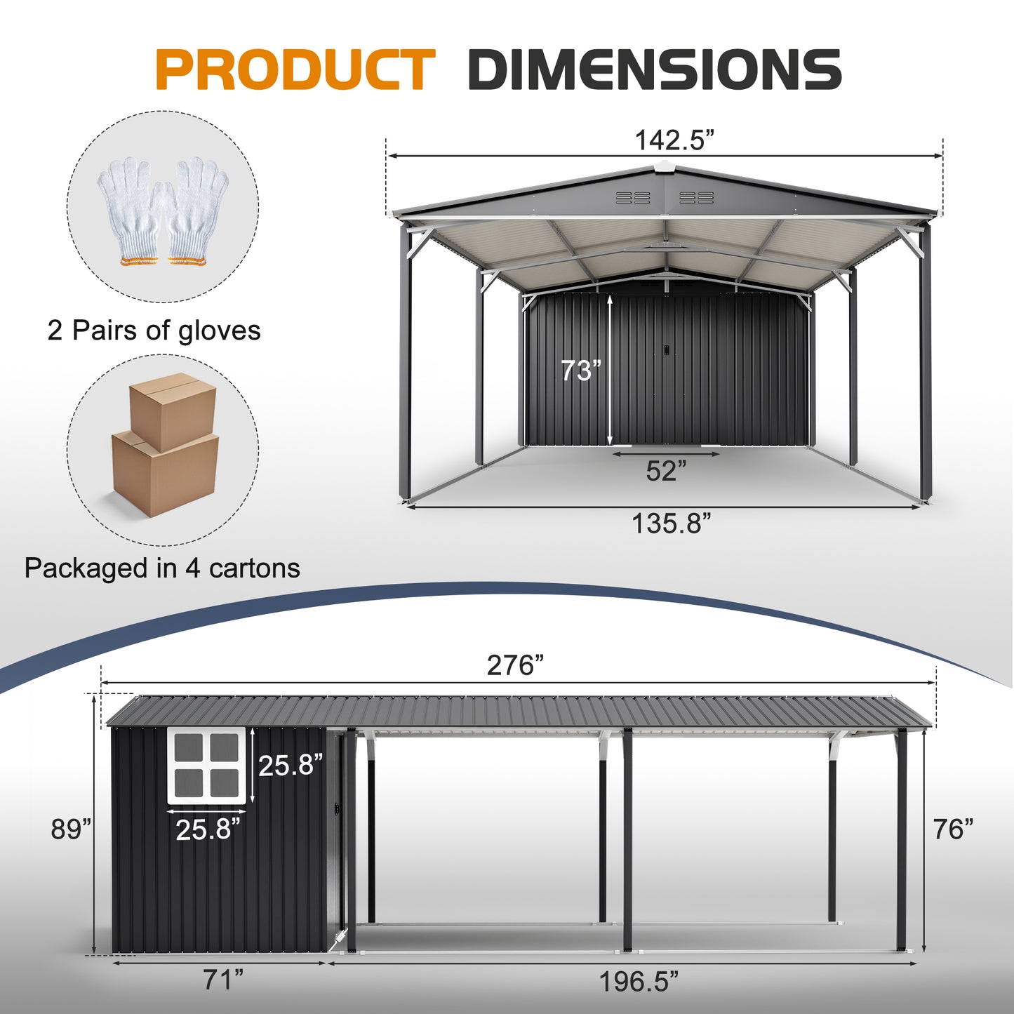 12'x23' Metal Carport Storage Shed, Heavy Duty Steel Garage With Sliding Door, UV Panel & Waterproof Sloped Roof, Reinforced Structure For Car Boat Tractor Farm - Grey