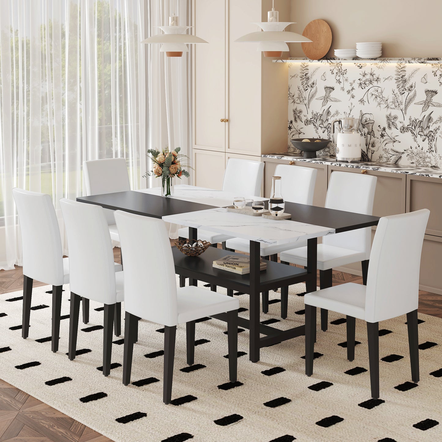 Table And Chair Set.71x35.4 Inch White And Black Spliced Dining Table With Storage Function In The Middle Of The Table Legs.Paired With 8 White PU Dining Chairs, Simple And Versatile.