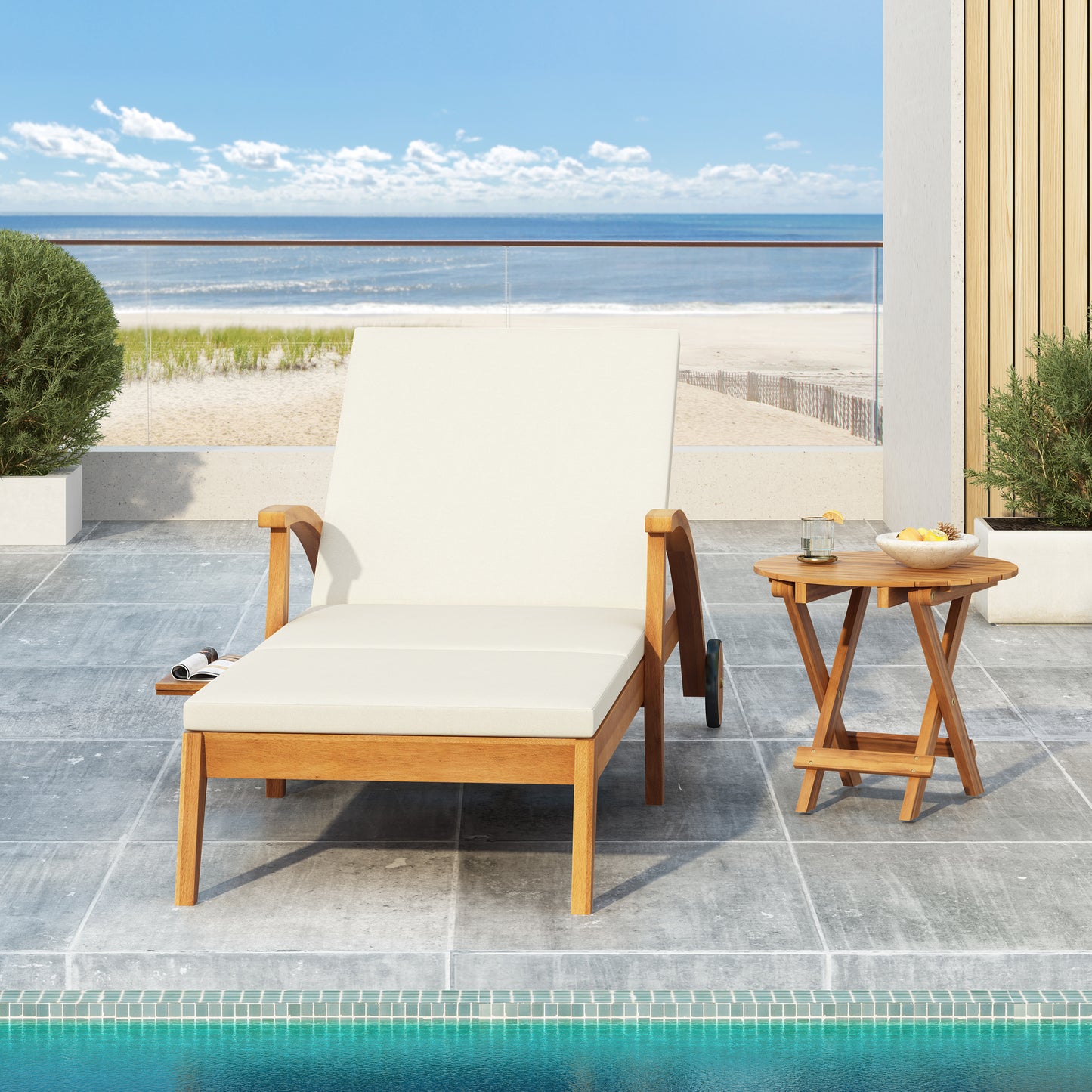 CHAISE LOUNGE WITH WHEEL - ACACIA WOOD RECLINER FOR PATIO GARDEN, WITH 2INCH WHITE CUSHION, 4-POSITION ADJUSTABLE BACKREST, VERSATILE OUTDOOR FURNITURE