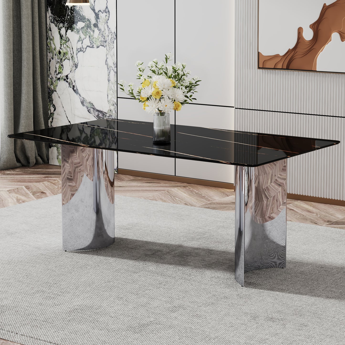 Modern Minimalist Dining Table. The Black Imitation Marble Glass Desktop Is Equipped With Silver Metal Legs. Suitable For Restaurants And Living Rooms 71  X39.3  X29.5  DT-69