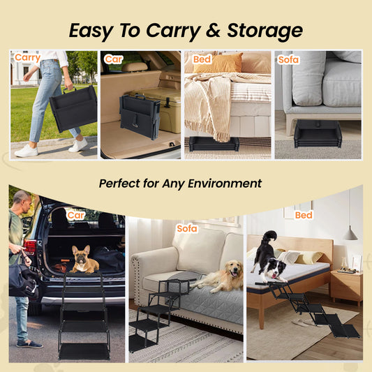 Extra Wide  Foldable Dog Stairs, Pet Ramp With Non Slip Surface And Soft Foam Handle, Dogs Stairs For Cars, High Beds, Truck, Supports Up To 250 Lbs, 5 Steps