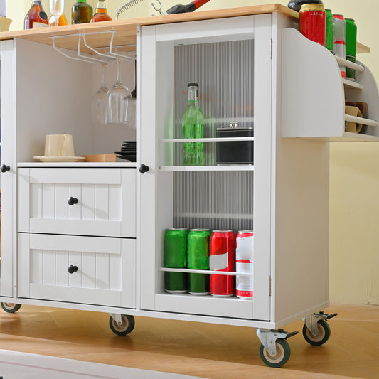 Kitchen Island Cart Rolling On Wheels With 13 Storage Areas Drop Leaf Bar Countertop Side Open Condiment Rack Tower Rack Extra Storage Table Modern White
