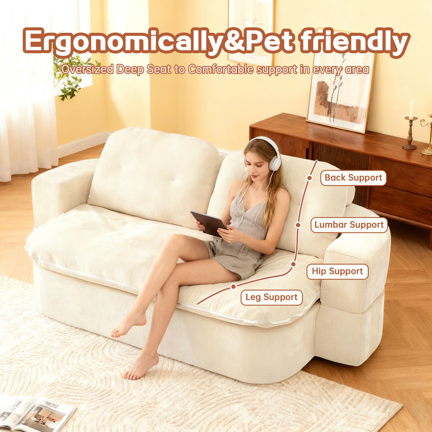 Modern Floor Sofa With 2 Pillows,Convertible Chenille Fabric Foam-Filled Sleeper Sofa Bed, No Assembly Required,Convertible Sofa Cushion Unfolds Into Quilt,Folding Mattress For Living Room,Playroom