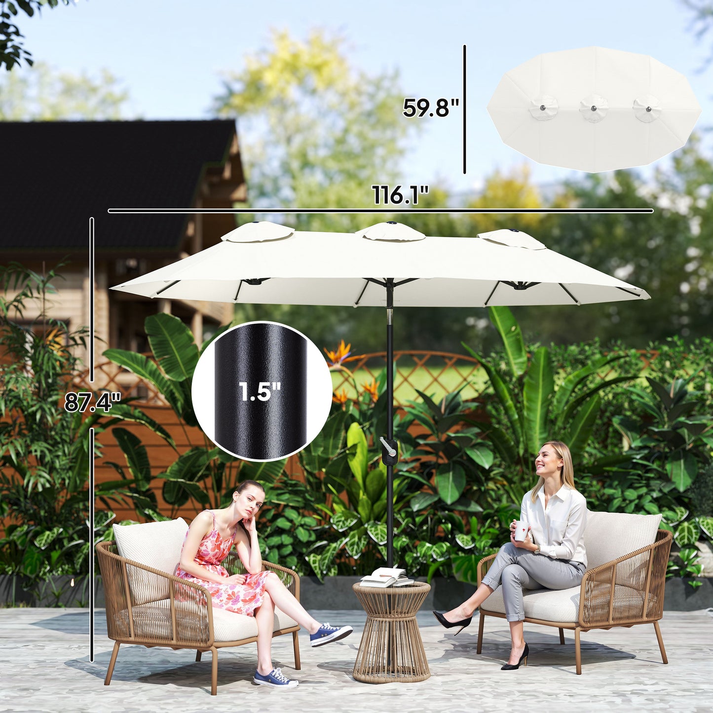 Double Sided Patio Umbrella, 9.7' Large Outdoor Market Umbrella With Push Button Tilt And Crank, 3 Air Vents And 12 Ribs, For Garden, Deck, Pool, White