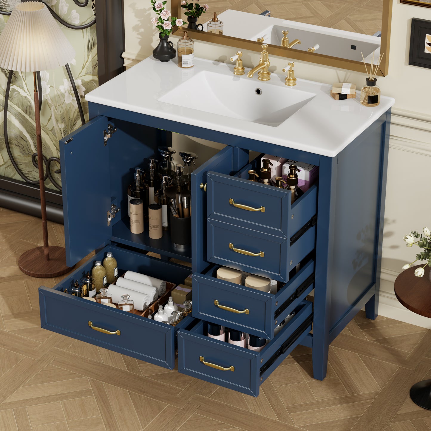 36  Bathroom Vanity With Sink, Bathroom Cabinet With Soft-Closing Door, 4 Drawers Of Different Sizes, Solid Wood Frame And Leg, Two Packages, Blue