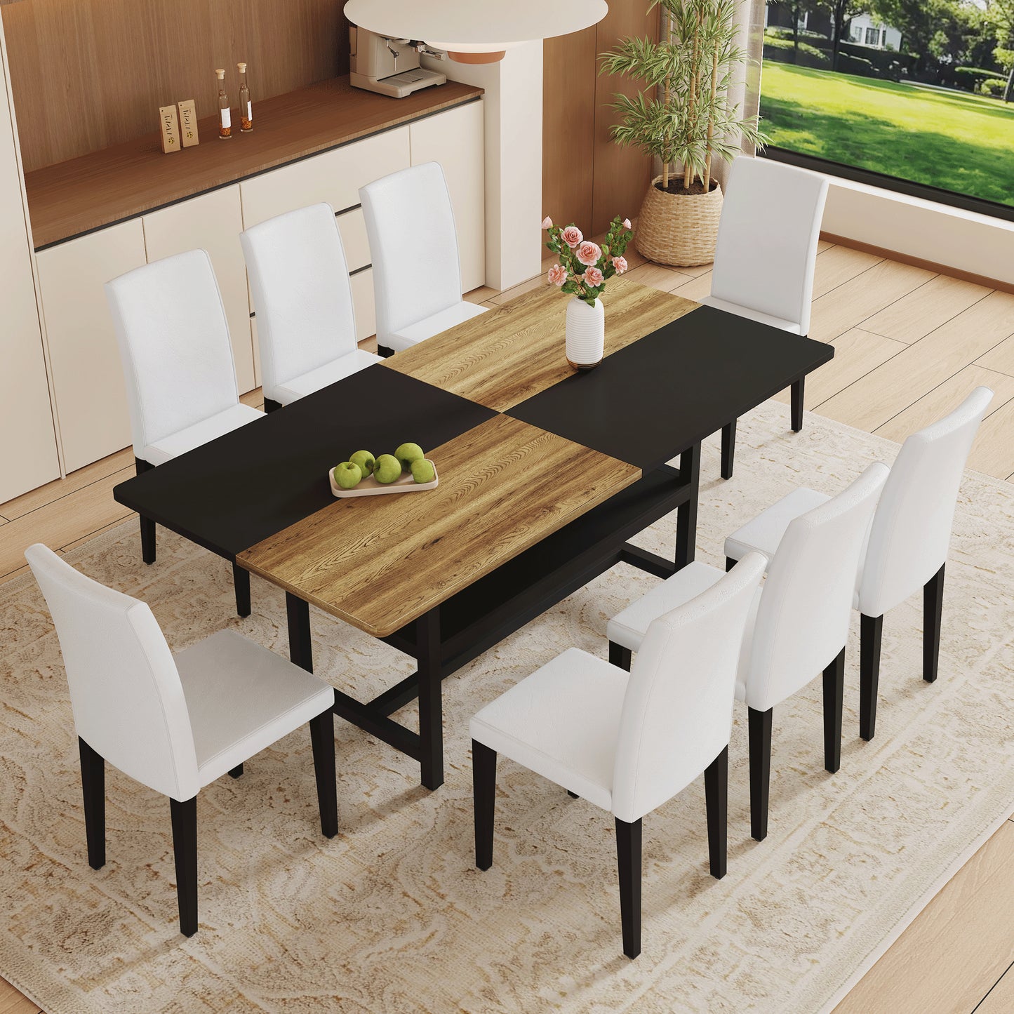 Table And Chair Set.71x35.4 Inch Wooden And Black Spliced Dining Table With Storage Function In The Middle Of The Table Legs.Paired With 8 White PU Dining Chairs, Simple And Versatile.