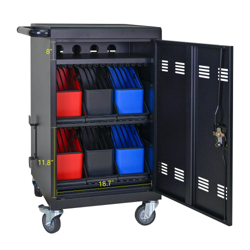 Tablet Laptop 32-bit-Plastic Device Basket Device For Mobile Charging Trolley- Includes Cable Management Dividers, Cable Clips, Storage Compartment, And Removable Doors  Black