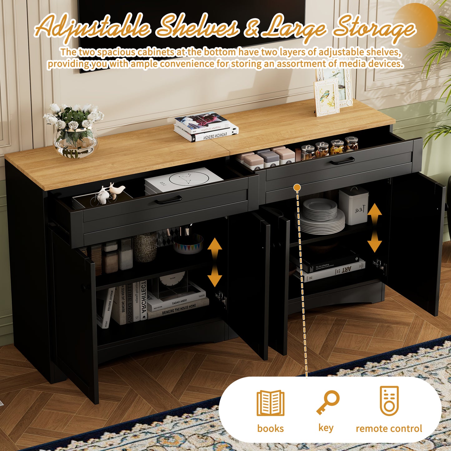ON TREND Farmhouse TV Stand With 2 Drawers For TVs Up To 70, Versatile Wood Grain Sideboard With Adjustable Shelves, Mid Century Buffet Cabinet With Rustic Handles For Living Room Bedroom, Black