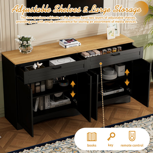ON TREND Farmhouse TV Stand With 2 Drawers For TVs Up To 70, Versatile Wood Grain Sideboard With Adjustable Shelves, Mid Century Buffet Cabinet With Rustic Handles For Living Room Bedroom, Black
