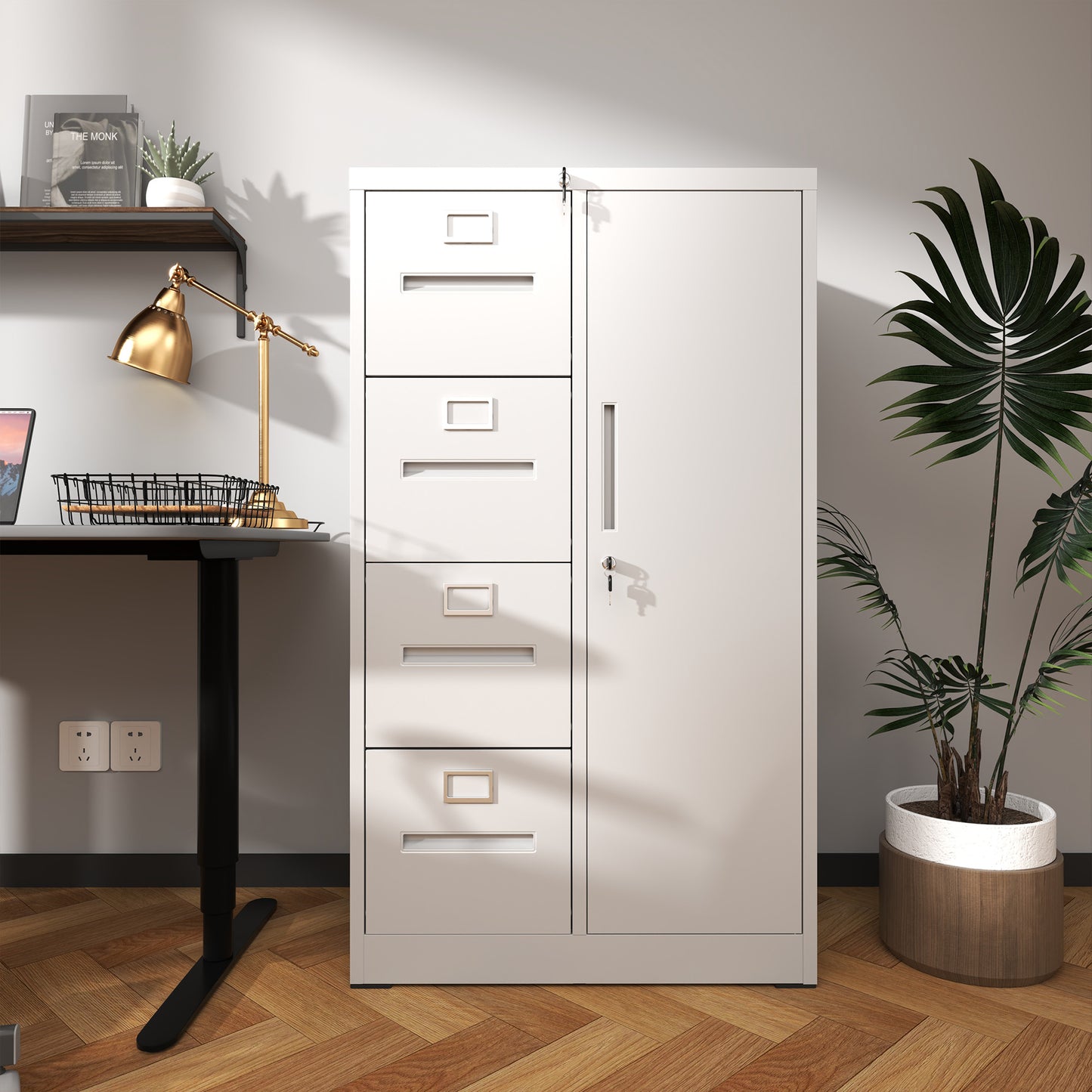 Metal Storage Vertical Filing Cabinet With Lock,  Steel File Locker With 4 Drawers And 1 Door For School, Living Room, Bedroom, Office  White