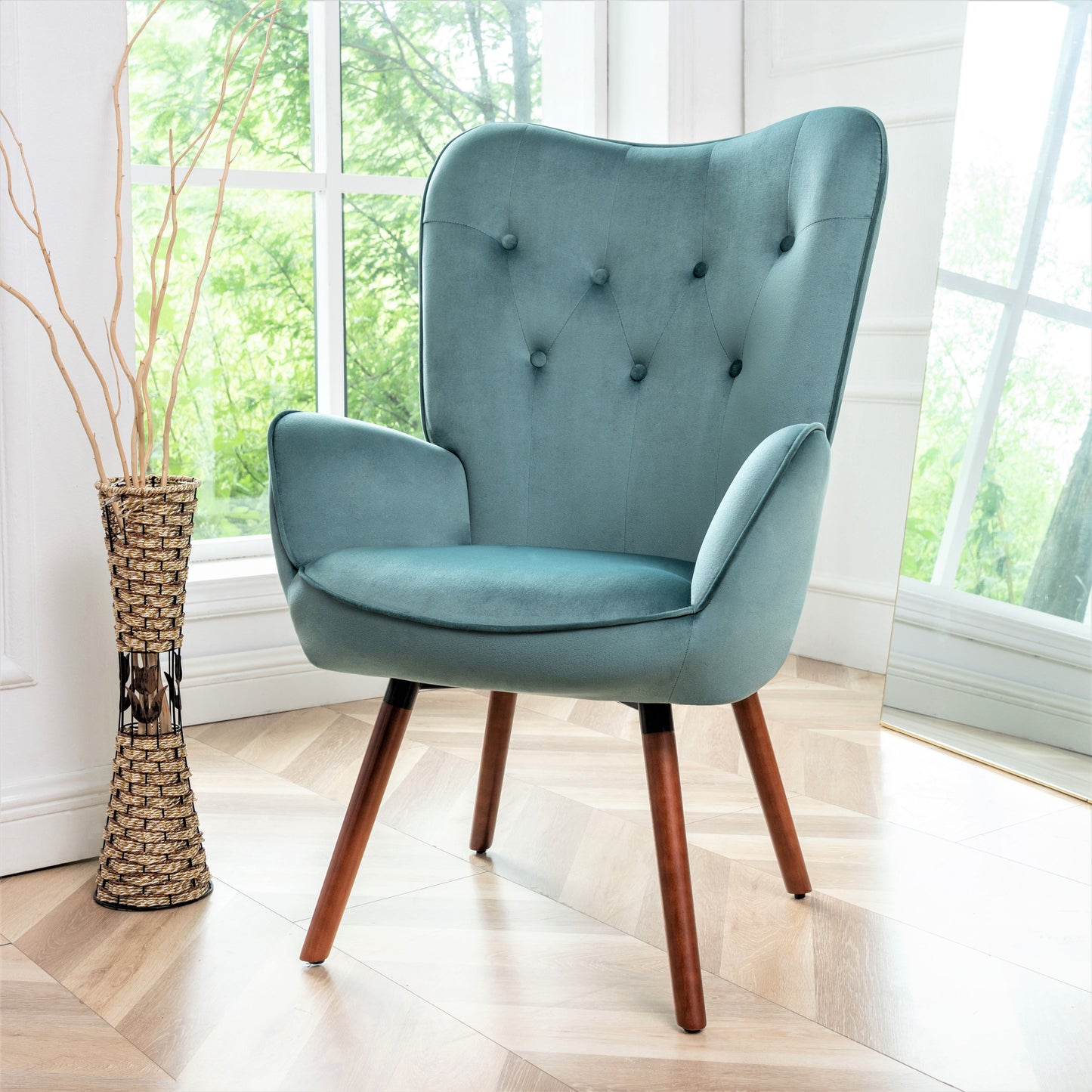 Mid-Century Modern Wingback Accent Chair, Button-Tufted Polyester Fabric Armchair With Solid Wood Splayed Legs For Living Room Bedroom Home Office