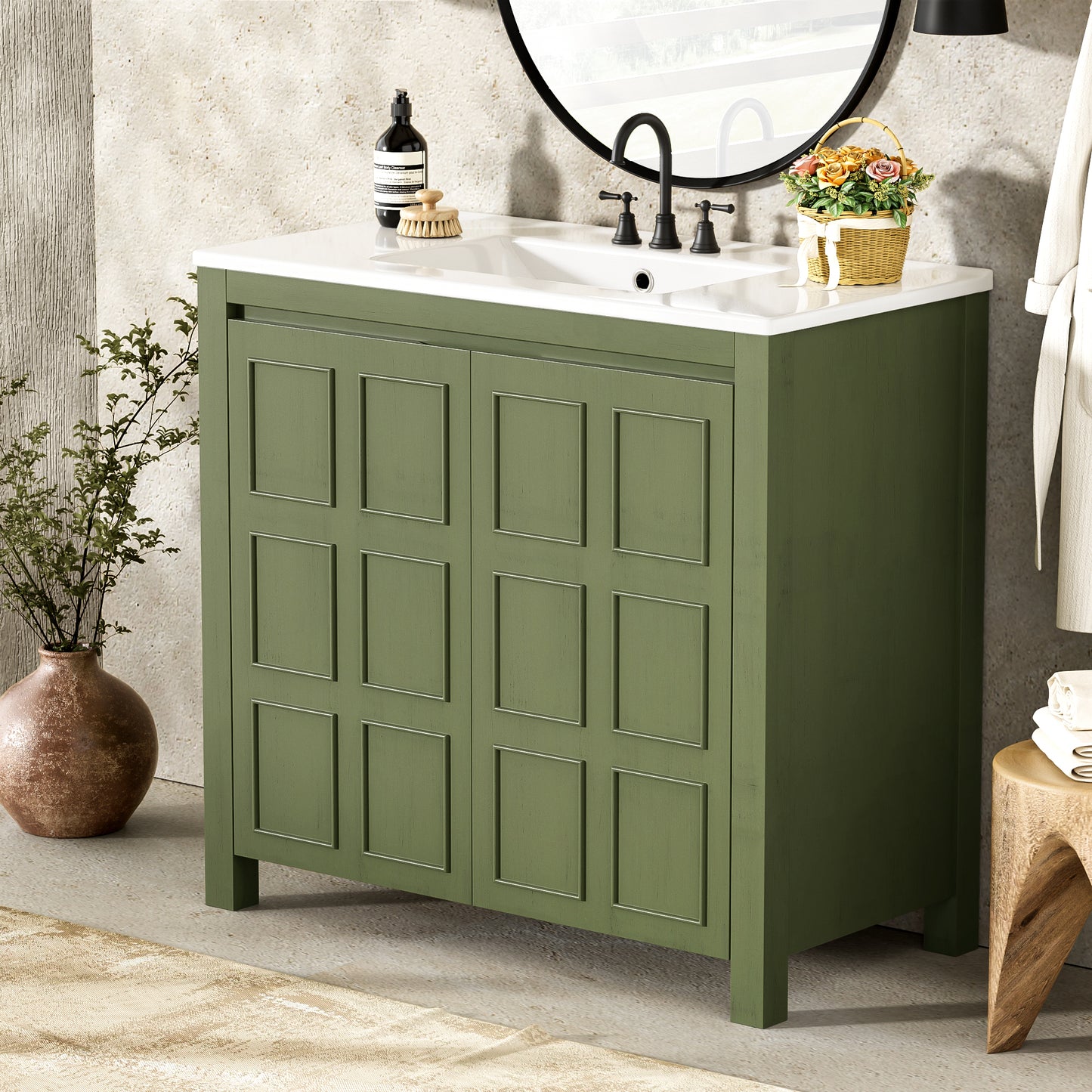 36   Bathroom Vanity Organizer With Ceramic Sink, Set Bathroom Storage Cabinet, Olive Green Old SKU SV000004AAF