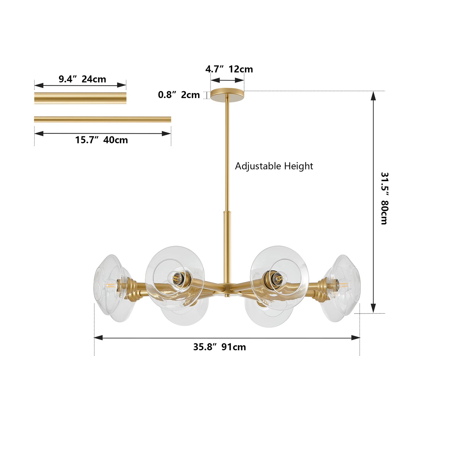 36 Modern Gold 8-Light Sputnik Chandelier With Clear Glass Shades, Mid-Century Hanging Pendant Light Fixture For Dining Room, Living Room, Or Kitchen Bulb Not Included
