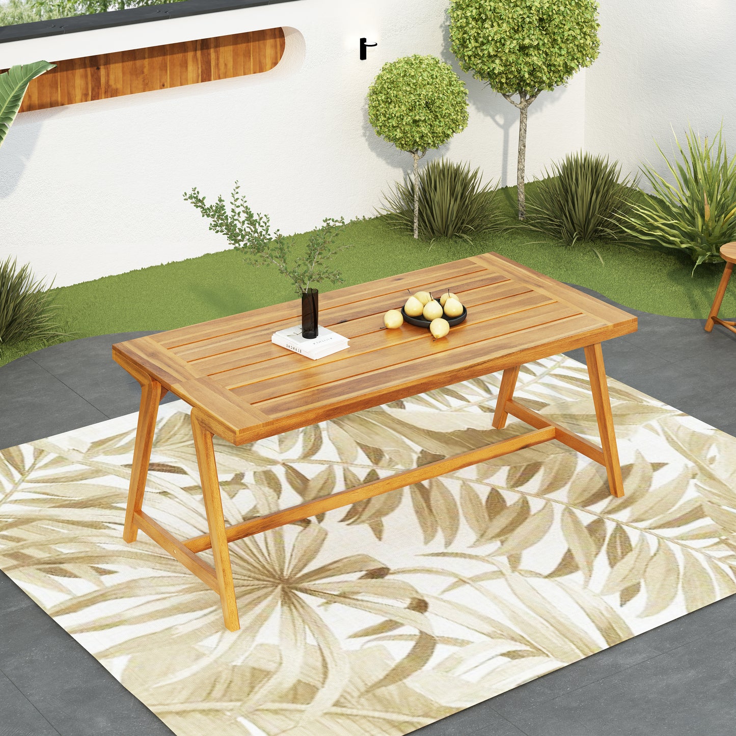 Modern Outdoor Dining Table, Acacia Wood Patio Table With Teak Finish - Weather-Resistant Garden, Poolside Deck Dining Set For 4-6 People