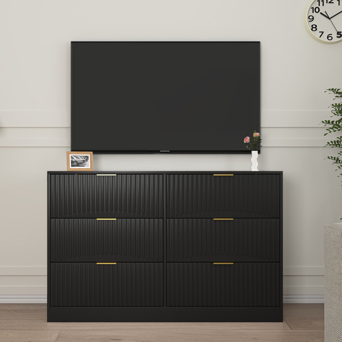 Modern 6-Drawer Dresser, Chest Of Drawers For Bedroom, Living Room, Hallway, And Entryway - Large Storage Cabinet, Black,Drawer Panel With Wavy Patterns