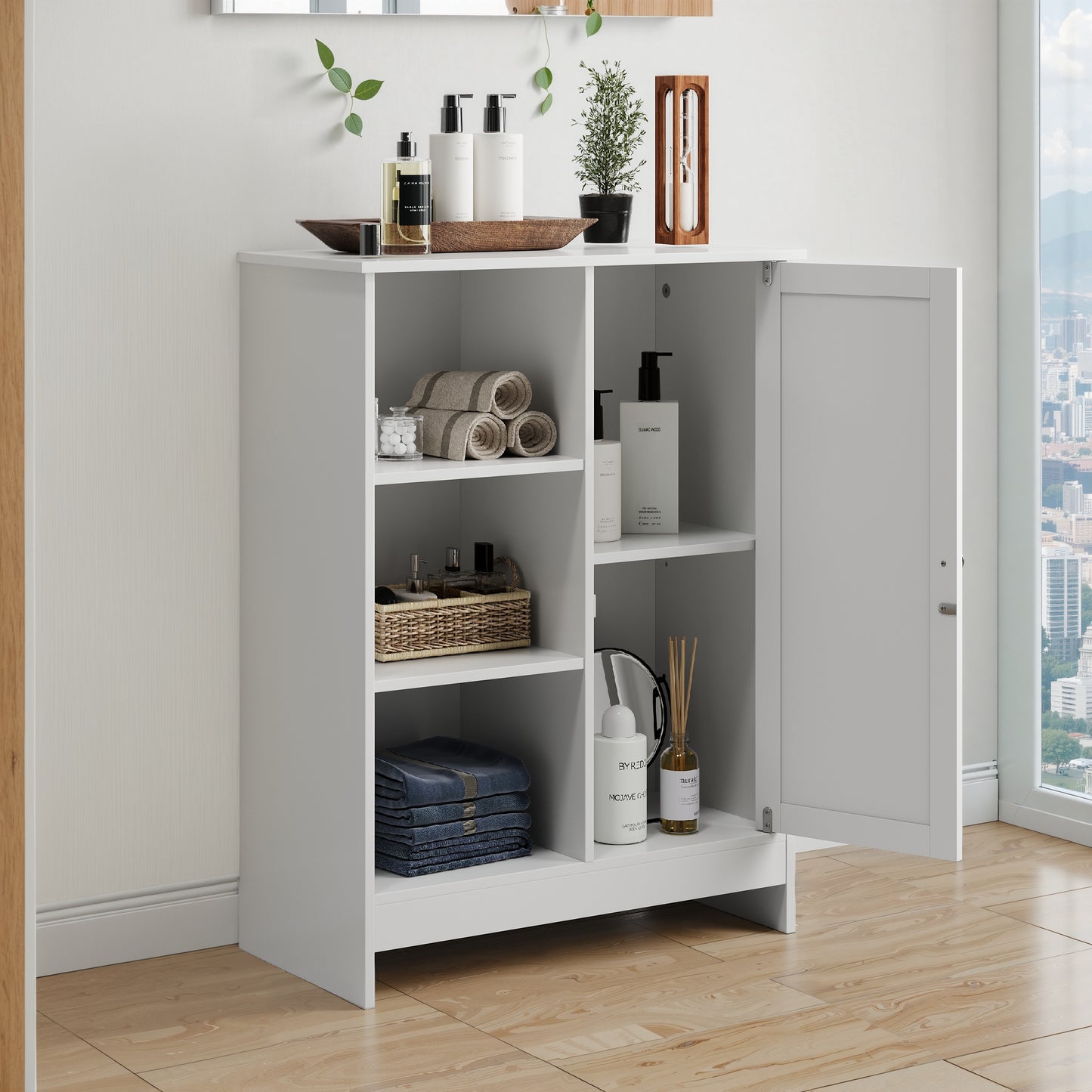 Bathroom Cabinet, Kitchen Freestanding Storage Rack, 23.62 X 11.81 X 31.5 Floor Storage Cabinet With 1 Cabinet, 3 Open Compartments, Adjustable Shelves, White
