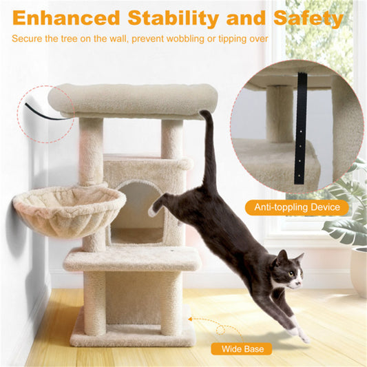 Beige 33.5inch Multi-Level Cat Tree With 2-Tier Condo, Sisal Scratching Posts & Anti-Toppling Device For Cats