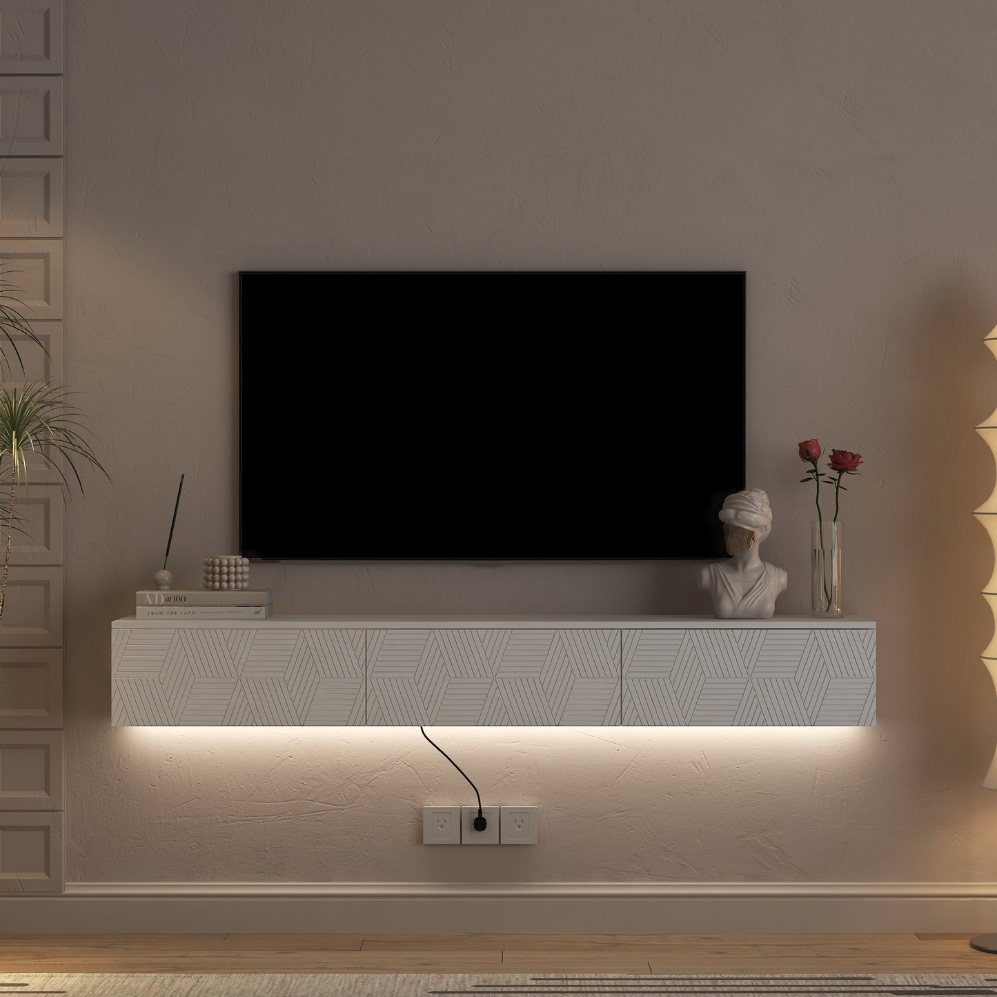 Floating TV Stand Wall Mounted With 16 Color LEDs,67  Modern TV Stand, Floating TV Cabinet Entertainment Center For 55 60 65 Inch TV,White