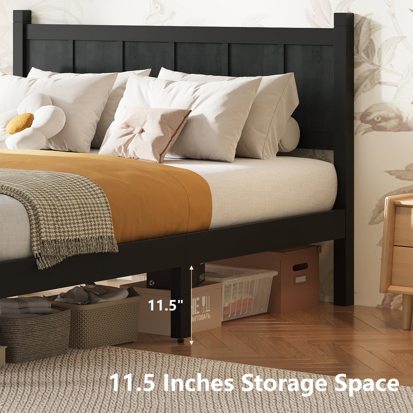 Full Size Flat Panel Bed With Headboard & Footboard, Minimalist Modern Platform Bed With Wood Grain Finish, Shaker And Farmhouse Style Design, Sleek And Functional Bedroom Furniture,Black