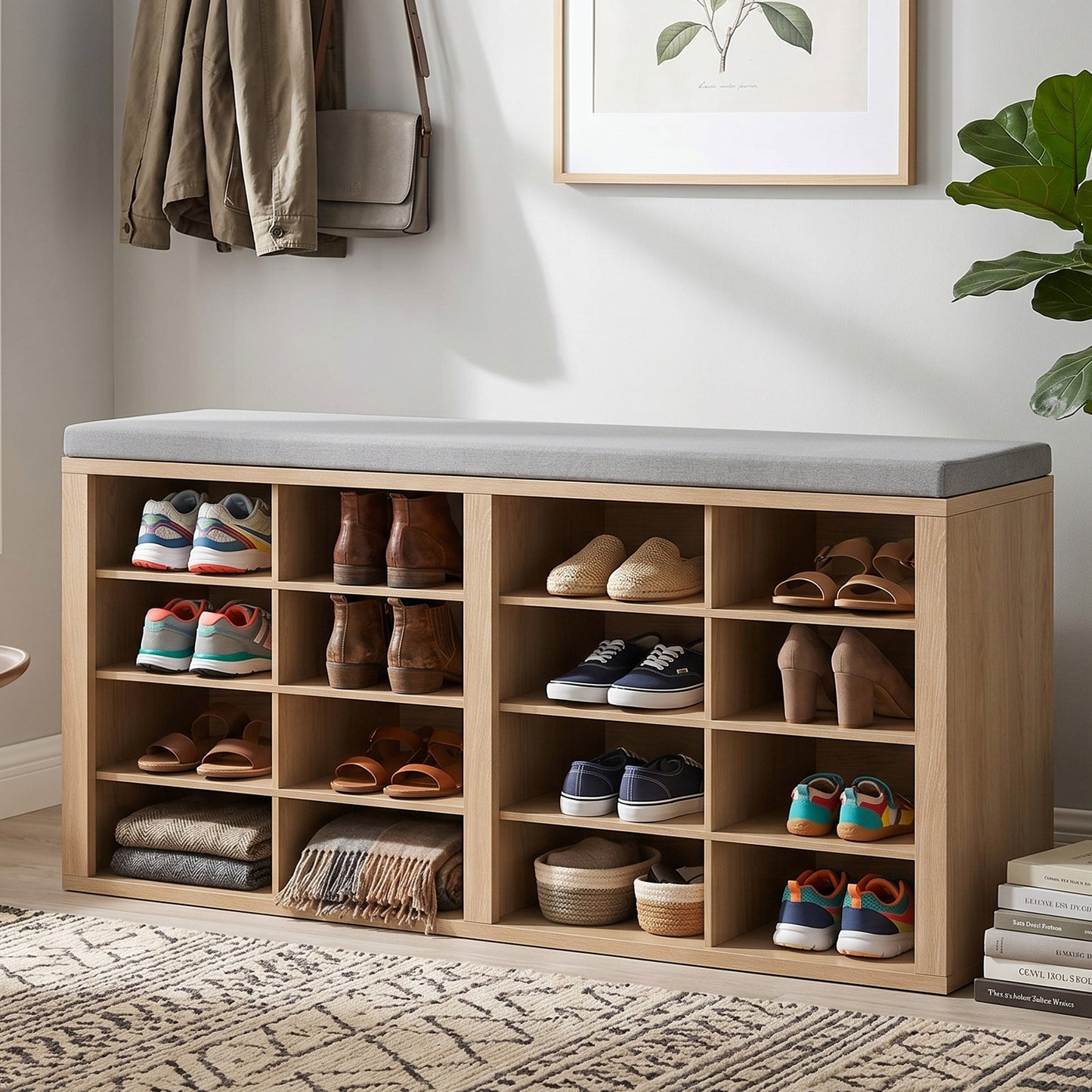 Shoe Storage Bench With Cushion 16 Cubby Shoe Rack Multifunctional Shoe Organizer Bench For Entryway Hallway Living Room Bedroom