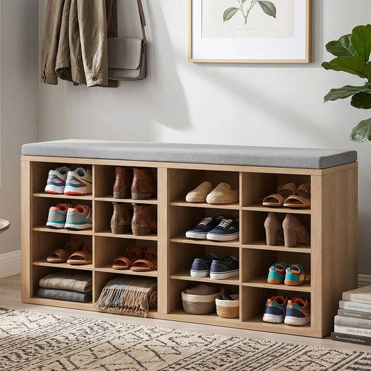 Shoe Storage Bench With Cushion 16 Cubby Shoe Rack Multifunctional Shoe Organizer Bench For Entryway Hallway Living Room Bedroom