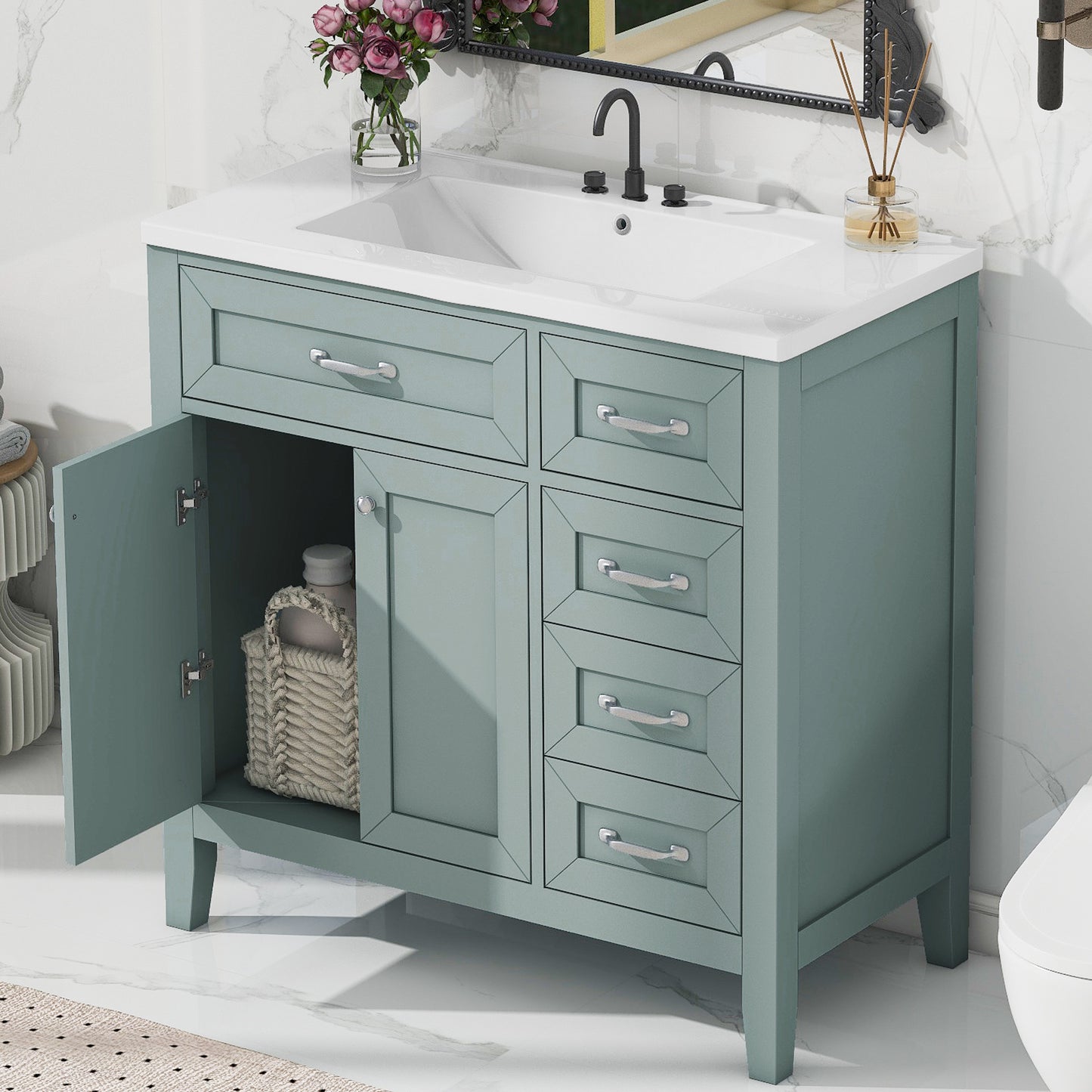 36  Bathroom Vanity With Sink Combo, Green Bathroom Cabinet With Drawers, Solid Frame And MDF Board  Old