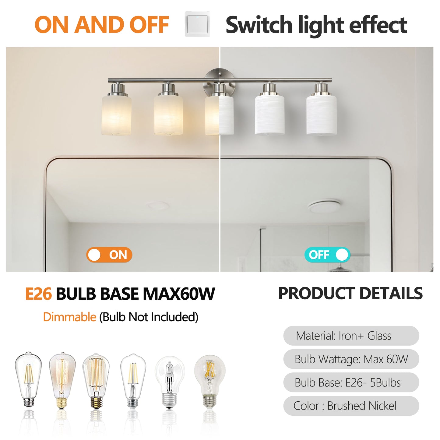 31 Modern 5-Light Vanity Wall Sconce, Brushed Nickel Finish With Frosted Glass Shades For Bathroom Or Hallway Lighting  No Bulbs