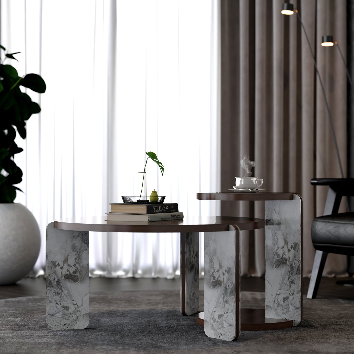 Modern Coffee Table With End Table Set, Durable Walnut Veneered MDF 83cm Diameter Center Table With A 43cm Diameter Side Table For Living Room, Study Room, Strong And Stable Sintered Stone Legs Base