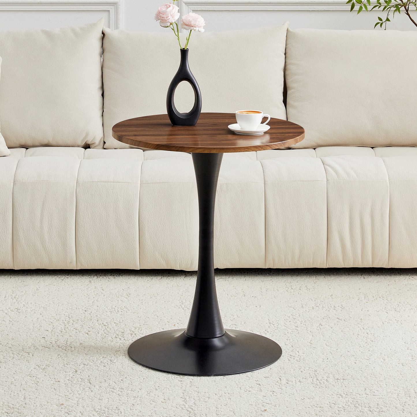 Round Dining Table, 23.6in Circle Tulip Table With Thickened Tabletop & Metal Pedestal, Mid Century Modern Bistro Table For Kitchen, Small Places, Living Room, Cafe  Faux Walnut