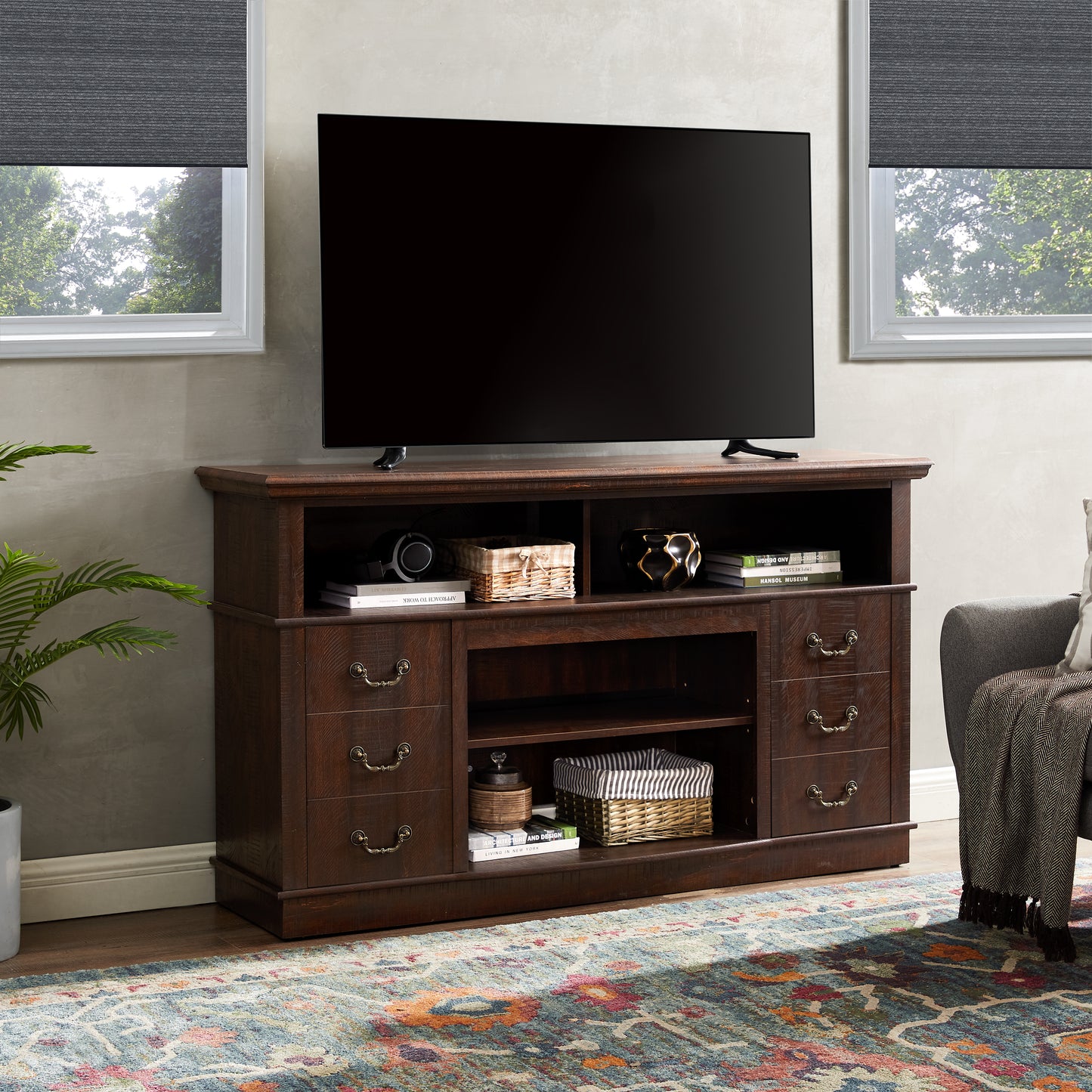 Retro TV Stand With Storage For TVs Up To 65  , Mid Century Modern TV Stand & Entertainment Center With Shelf,TV Stand For Media,TV Console Table For Living Room Espresso 60 Wx15.75 Dx34.25 H