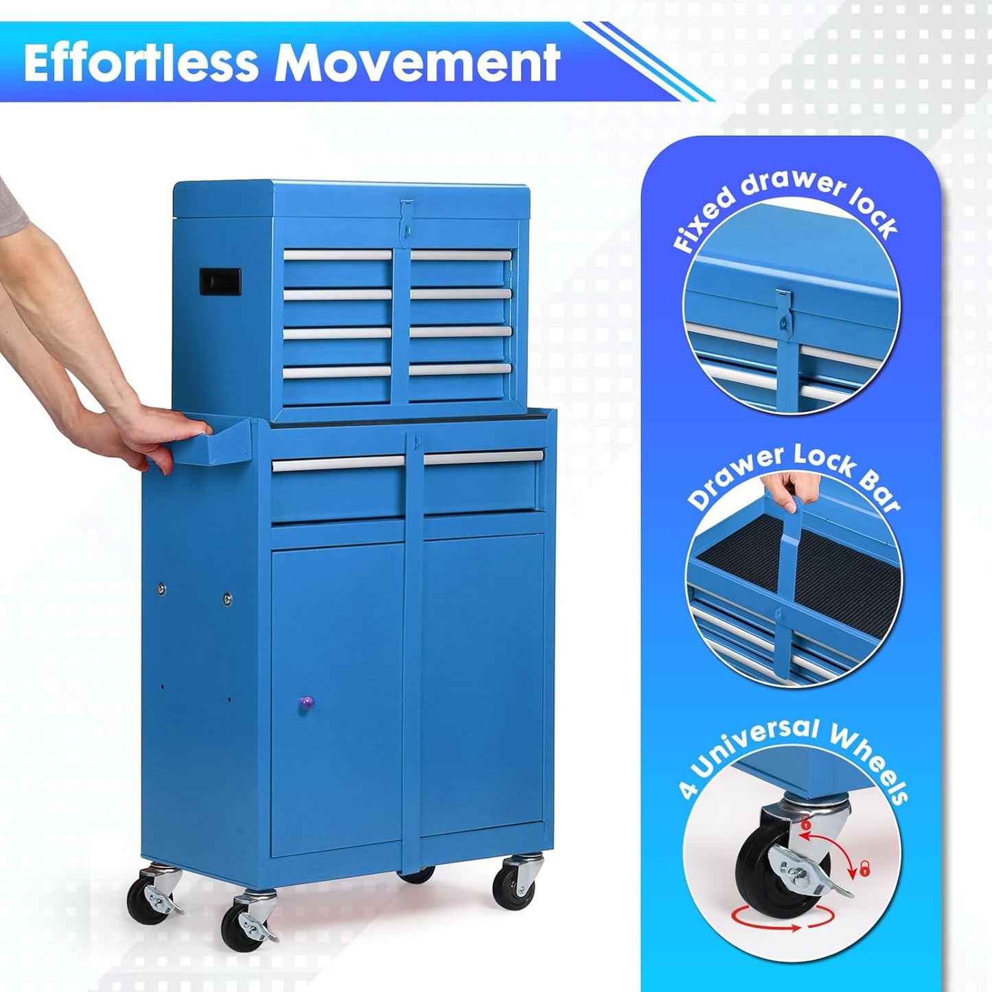 5-Drawer Rolling Tool Chest - 2-in-1 Lockable Tool Box With Wheels, Sliding Drawers & Detachable Top - Garage & Workshop Storage Cabinet, Blue