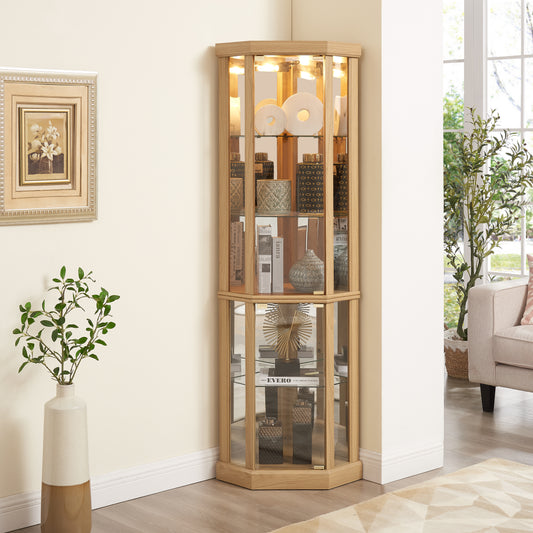 Corner Lighted Curio Cabinet Corner Glass Cabinet Lighted Curio Cabinet Corner Display Case For Living Room, Curio Cabinet, Antique Collection, Wine,Bar Glass Storage Light Included,Light Oak