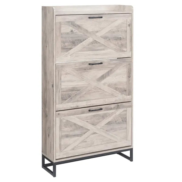 Barn Door Three-drawer Cabinet With Top Panel, Shoe Cabinet, Particleboard, 80x24x145cm, Washed Gray Finish