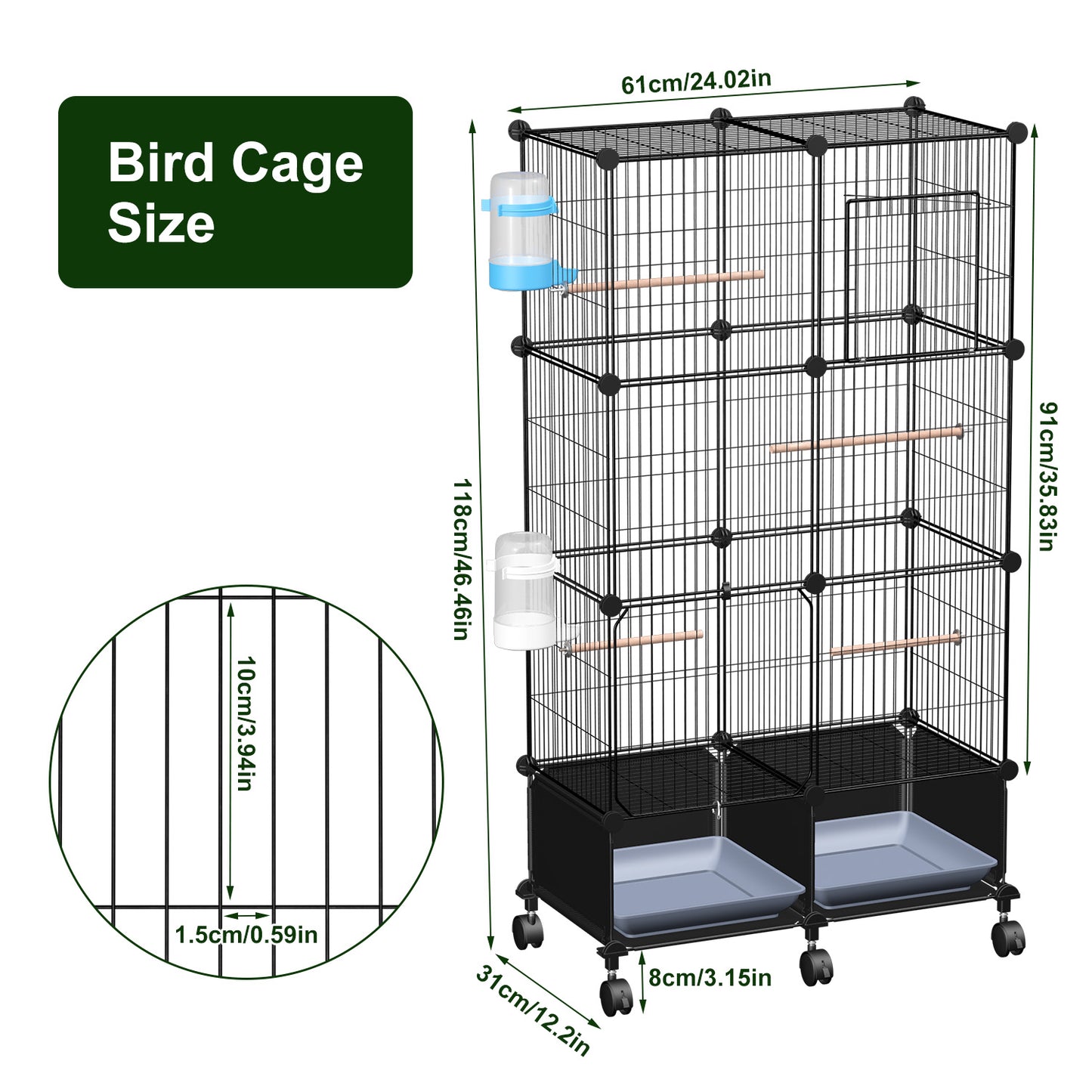 1Pc  46in Bird Cage Spacious Indoor Pet Bird House With 4 Wooden Perches 2 Slide-Out Tray 2 Water Bottle Feeder Lockable Wheels For Parrot Parakeets Cockatiel Lovebird Small Mid-Sized Birds