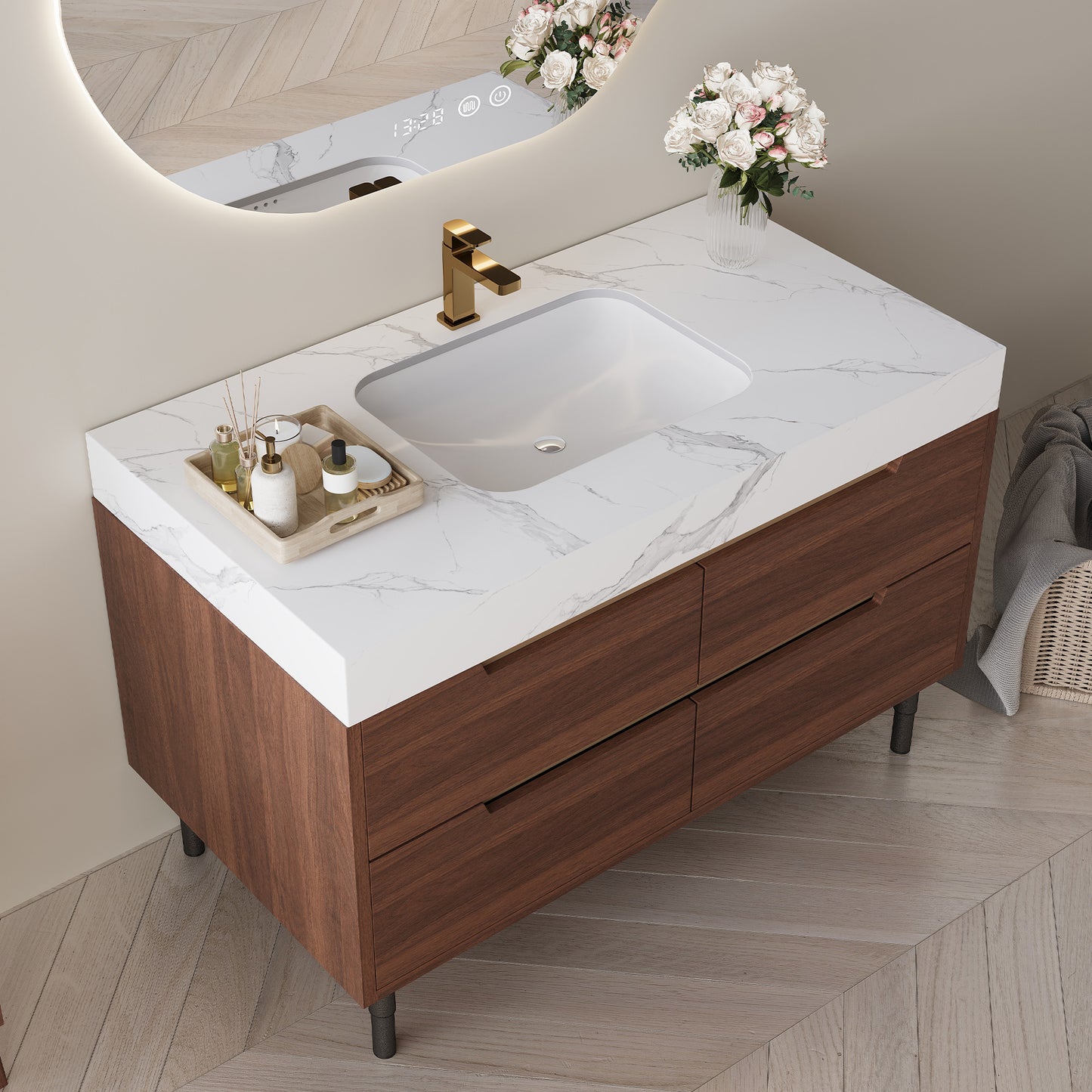 35.4 Farmhouse Free-standing Sintered Stone Bathroom Vanity With Undermount Sink, Waterproof Multi-layer Solid Wood, 4 Drawers Storage, Wall-Mounted