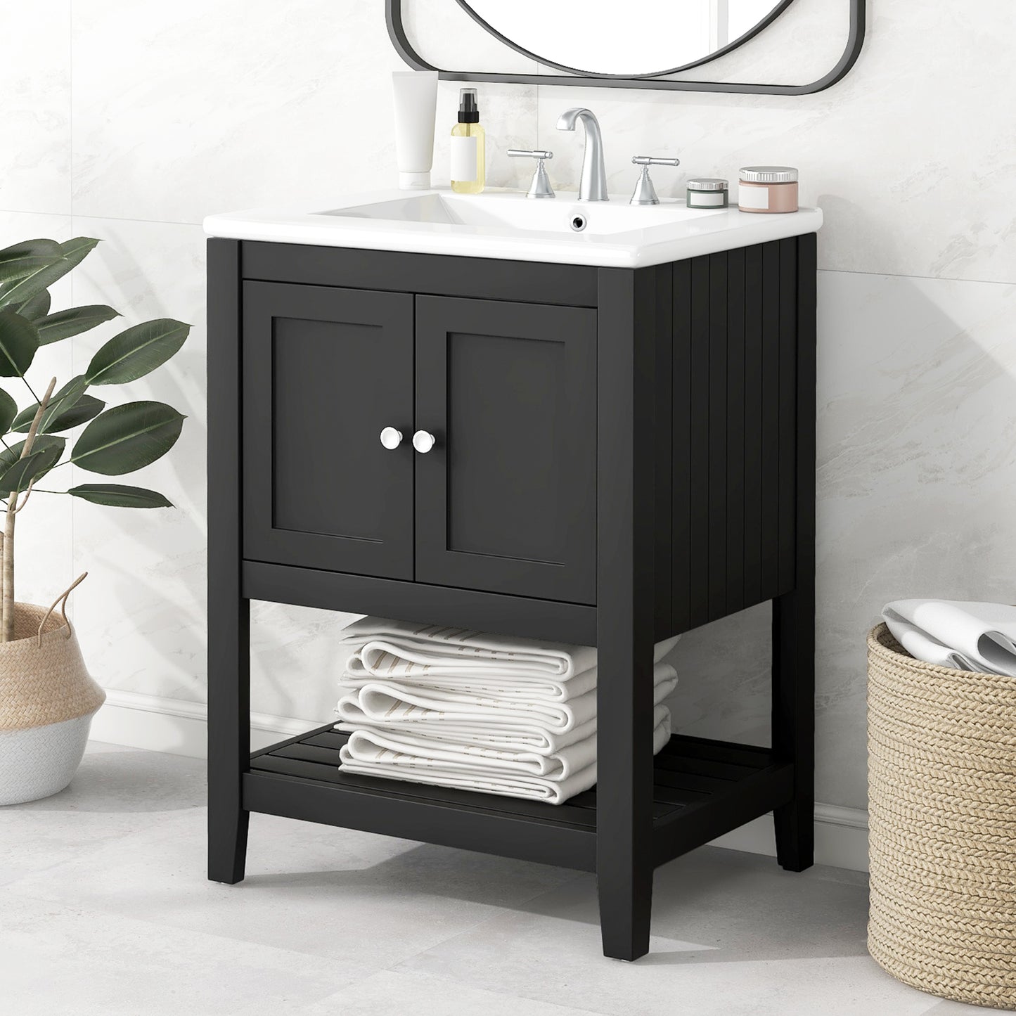 24  Black Modern Sleek Bathroom Vanity Elegant Ceramic Sink With Solid Wood Frame Open Style Shelf