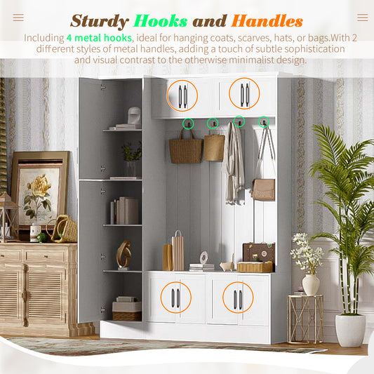 VIBE HAUS 79  Tall Modern Hall Tree With Shoe Storage, 4-in-1 Entryway Bench With 6 Cabinets, 4 Coat Hooks & Adjustable Shelf For Hallway, Living Room, White